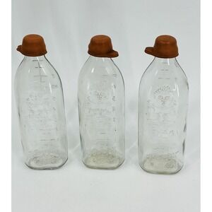 Vintage Glass Happy Baby Bottles Set of 3 Rubber Tops 8 Ounce Embossed